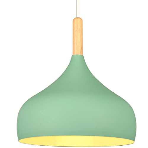 iDEGU Hängelampe Retro 24cm Hängeleuchte Moderne Skandinavisch E27 Deckenleuchte aus Metall Holz Pendelleuchte für Schlafzimmer Esszimmer Küche Wohnzimmer (Grün,1 Stück) von iDEGU