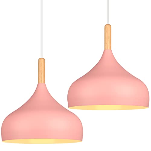 iDEGU Hängelampe Retro 24cm Hängeleuchte Moderne Skandinavisch E27 Deckenleuchte aus Metall Holz Pendelleuchte für Schlafzimmer Esszimmer Küche Wohnzimmer (Rosa, 2 Stücke) von iDEGU