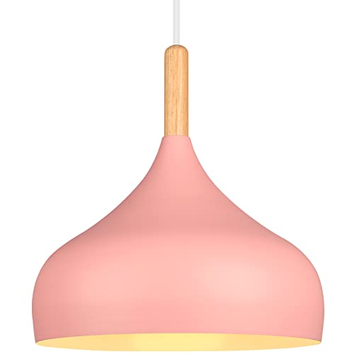 iDEGU Hängelampe Retro 24cm Hängeleuchte Moderne Skandinavisch E27 Deckenleuchte aus Metall Holz Pendelleuchte für Schlafzimmer Esszimmer Küche Wohnzimmer (Rosa,1 Stück) von iDEGU