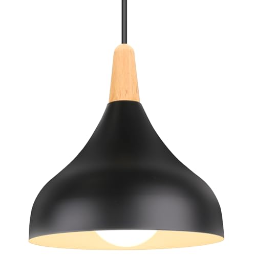 iDEGU Hängelampe Retro E27 Hängeleuchte Moderne Tropfenförmig Hut Deckenleuchte aus Metall Holz Pendelleuchte für Schlafzimmer Esszimmer Küche (Schwarz, 1 Stück) von iDEGU