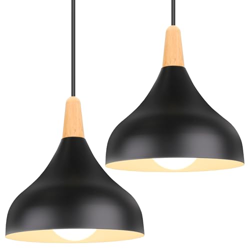 iDEGU Hängelampe Retro E27 Hängeleuchte Moderne Tropfenförmig Hut Deckenleuchte aus Metall Holz Pendelleuchte für Schlafzimmer Esszimmer Küche (Schwarz, 2 Stücke) von iDEGU