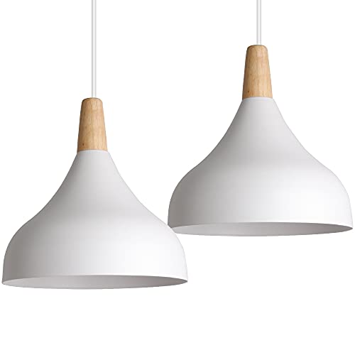 iDEGU Hängelampe Retro E27 Hängeleuchte Moderne Tropfenförmig Hut Deckenleuchte aus Metall Holz Pendelleuchte für Schlafzimmer Esszimmer Küche (Weiß, 2 Stücke) von iDEGU