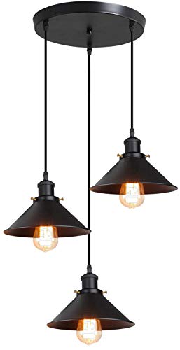 iDEGU 3-flammige Pendelleuchte Industrielle Hängelampe Stil Edison Vintage Kronleuchter mit 22cm Metall Lampenschirm E27 Fassung Hängeleuchte für Esszimmer Küche Wohnzimmer (Rondell, Ganz Schwarz) von iDEGU