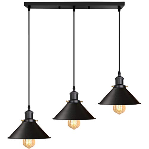 iDEGU 3-flammige Pendelleuchte Industrielle Hängelampe Stil Edison Vintage Pendellampe mit 22cm Metall Lampenschirm E27 Fassung Hängeleuchte für Esszimmer Küche Wohnzimmer (Balken, Ganz Schwarz) von iDEGU