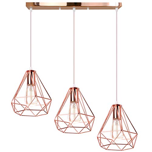 iDEGU Hängeleuchte, modern, E27, Kronleuchter, Lampenschirm, Diamantform, Eisen, Retro, Roségold, Deckenleuchte, Dekoration für Schlafzimmer, Küche, Wohnzimmer (Halterung aus Stab, 20 cm) von iDEGU