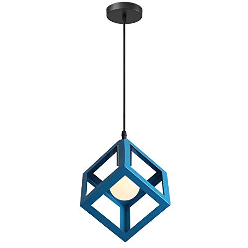 iDEGU Pendelleuchte Vintage Lampenschirm aus Metall Retro E27 Hängelampe mit Geometrischen WürfelDesign Industrielle Deckenleuchte Hängeleuchte für Schlafzimmer, Wohnzimmer, Restaurant, 16 cm, Blau von iDEGU