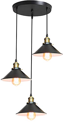 iDEGU 3-flammige Pendelleuchte Industrielle Hängelampe Stil Edison Vintage Kronleuchter mit 22cm Metall Lampenschirm E27 Fassung Hängeleuchte für Esszimmer Küche Wohnzimmer (Rondell, Schwarz+Weiß) von iDEGU