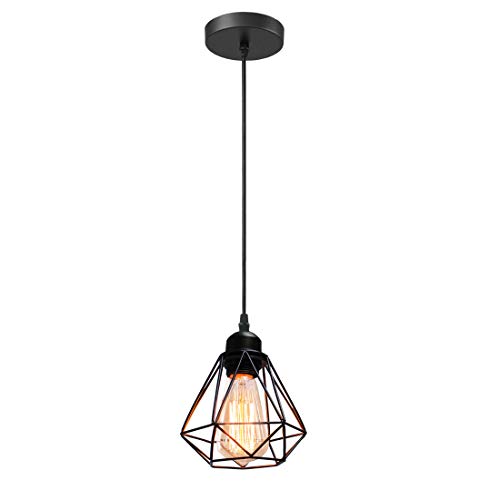 iDEGU Vintage Pendelleuchte Schwarz 16cm Industrial Hängelampe aus Metall Lampenschirm Geometrischer Käfig Retro Lampe E27 Fassung Hängeleuchte für Esstisch Flur Küche Schlafzimmer (1-flammig) von iDEGU