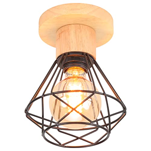 iDEGU Industrielle Deckenleuchte 16cm Deckenlampe aus Holz und Metall Vintage Lampe mit Geometrischem Käfig Schwarz Lampenschirm E27 Retro Deckenbeleuchtung für Flur Wohnzimmer (Deckenlampe, 1 Stück) von iDEGU