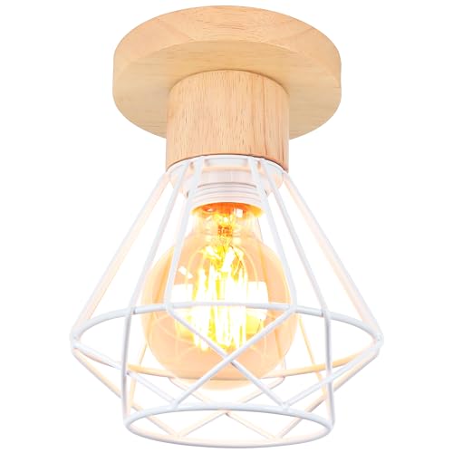 iDEGU Industrielle Deckenleuchte 16cm Deckenlampe aus Holz und Metall Vintage Lampe mit Geometrischem Käfig Weiß Lampenschirm E27 Retro Deckenbeleuchtung für Flur Wohnzimmer (Deckenlampe, 1 Stück) von iDEGU