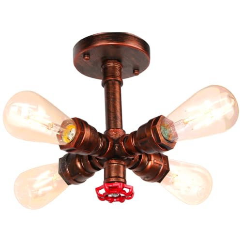 iDEGU Industrielle Deckenleuchte Wasserrohr Design Retro Lampe 4 Lichter E27 Fassung Deckenlampe Rohr Lampenschirm Vintage Kronleuchter für Wohnzimmer, Cafe, Restaurant (Rot Rost) von iDEGU