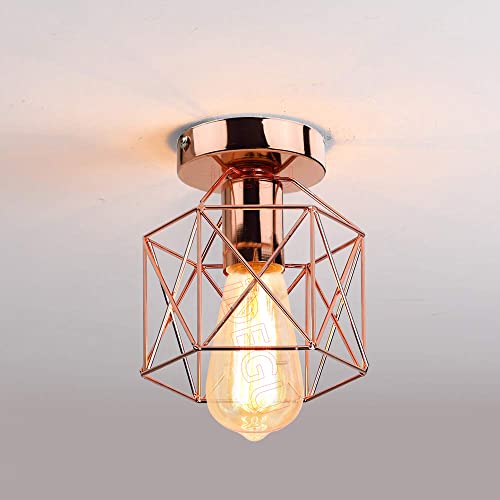 iDEGU Industrielle Deckenleuchten 15cm Retro Deckenlampe aus Eisen Lampenschirm in Sechseck Käfig Vintage Design E27 Kronleuchter für Flur Küche Wohnzimmer Schlafzimmer Dekoration (Roségold) von iDEGU