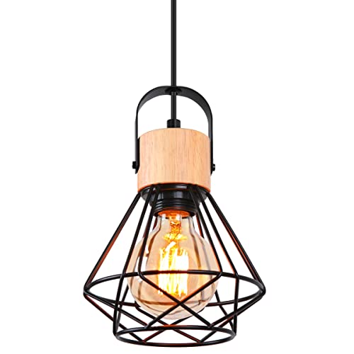 iDEGU Industrielle Pendelleuchte 16cm Hängelampe aus Holz Metall Vintage Lampe mit Geometrischem Käfig Schwarz E27 Retro Hängeleuchte für Esszimmer Wohnzimmer Küche (1-flammig Pendellampe, 1 Stück) von iDEGU