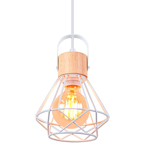 iDEGU Industrielle Pendelleuchte 16cm Hängelampe aus Holz und Metall Vintage Lampe mit Geometrischem Käfig Weiß E27 Retro Hängeleuchte für Esszimmer Wohnzimmer Küche (1-flammig Pendellampe, 1 Stück) von iDEGU
