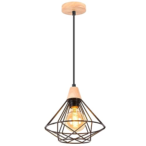 iDEGU Industrielle Pendelleuchte 22cm Hängelampe aus Holz Metall Vintage Lampe mit Geometrischem Käfig Schwarz E27 Retro Hängeleuchte für Esszimmer Wohnzimmer Küche (1-flammig Pendellampe, 1 Stück) von iDEGU