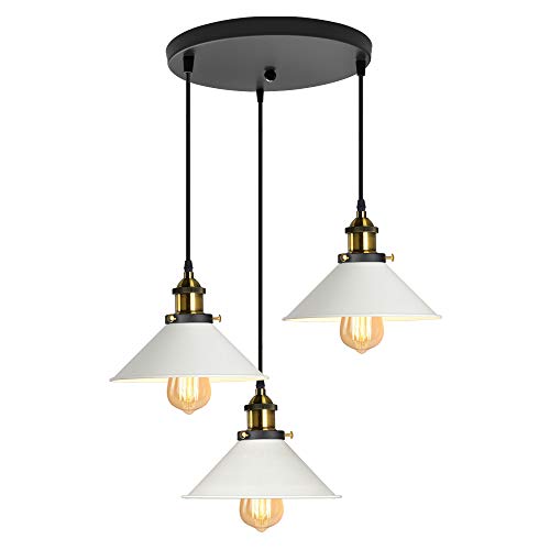 iDEGU Industrielle Pendelleuchte 3-flammige Hängelampe Stil Vintage in Eisen Pendellampe E27 Fassung 22cm Weiß Lampenschirm Hängeleuchte für Esszimmer Wohnzimmer Küche Restaurant (3-flammig, Rondell) von iDEGU