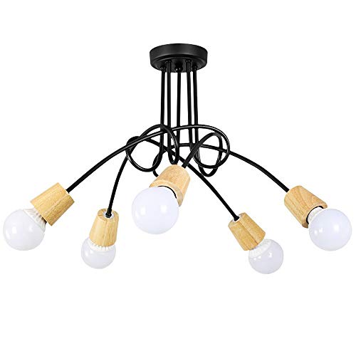 iDEGU Industrielle Deckenleuchte, Retro, aus Metall, Kronleuchter, Lampenschirm, E27, moderne Pendelleuchte, für Wohnzimmer, Schlafzimmer, Esszimmer (Holz + Schwarz, 5 Lampen) ohne Leuchtmittel von iDEGU