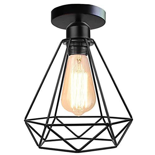 iDEGU Industrielle Vintage Deckenleuchte Ø20 cm Lampe E27 Retro Kronleuchter Hängeleuchte aus Eisen Design Käfig Deckenleuchte für Wohnzimmer Schlafzimmer Bar (# Decke – Schwarz) von iDEGU