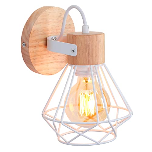 iDEGU Industrielle Wandleuchte 16cm Vintage Lampe aus Holz Metall mit Geometrischem Käfig E27 Retro Wandlampe Innen Verstellbare Wandlicht Deckenlampe für Schlafzimmer Flur Küche (Weiß, 1 Stück) von iDEGU