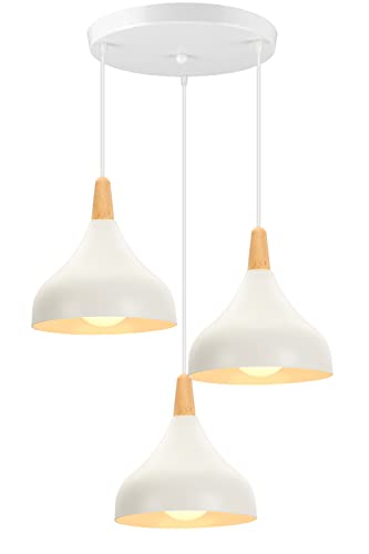 iDEGU Kronleuchter Hängeleuchte Retro 3 Lampen Pendelleuchte Modern Stil Tropfen Hut Deckenleuchte E27 Metall Holz Deckenlampe für Schlafzimmer Esszimmer Küche, Ø 20 cm (weiß, rund) von iDEGU