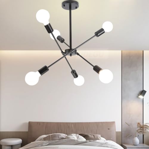 iDEGU Moderne Deckenlampe, 6-Flammig Kronleuchter aus Eisen LED Deckenleuchte mit E27 Fassung Retro Verstellbar Deckenbeleuchtung für Wohnzimmer, Schlafzimmer, Esszimmer, Küche (Schwarz) von iDEGU