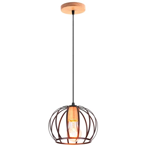 iDEGU Pendelleuchte, Retro, Kronleuchter, Deckenleuchte aus Metall und Holzdekor, Lampe in Form eines Käfigs, Vintage, E27, Deckenbeleuchtung für Schlafzimmer, Wohnzimmer, Küche, Esszimmer, Restaurant von iDEGU