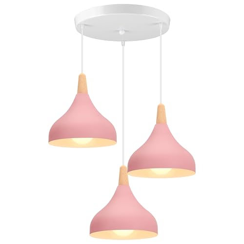 iDEGU Pendelleuchte Retro 3 Lampen, Hängeleuchte, modern, Tropfen-Stil, Hut, Deckenleuchte, E27, Metall, Holz, Deckenlampe für Schlafzimmer, Esszimmer, Küche, Ø 20 cm (Rosa, rund) von iDEGU