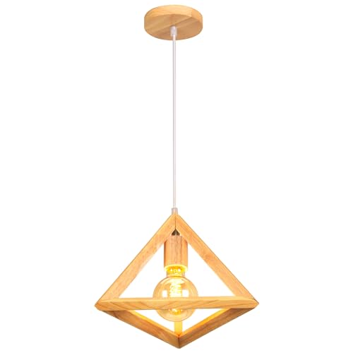 iDEGU Pendelleuchte Vintage Lampenschirm aus Metall Retro E27 Hängelampe mit Geometrischen Dreieck Design Industrielle Deckenleuchte Hängeleuchte für Schlafzimmer, Wohnzimmer, Restaurant, 16 cm, Holz von iDEGU