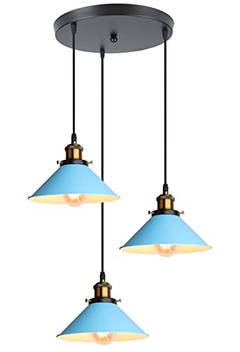 iDEGU Retro 3-flammige Pendelleuchte, Industrial Hängelampe E27 Deckenleuchte Metall Lampenschirm 22cm Design Edison Vintage Lampe Hängeleuchte für Küche Esszimmer Schlafzimmer Flur (Blau) von iDEGU