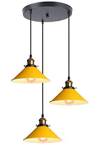 iDEGU Retro 3-flammige Pendelleuchte, Industrial Hängelampe E27 Deckenleuchte Metall Lampenschirm 22cm Design Edison Vintage Lampe Hängeleuchte für Küche Esszimmer Schlafzimmer Flur (Gelb) von iDEGU