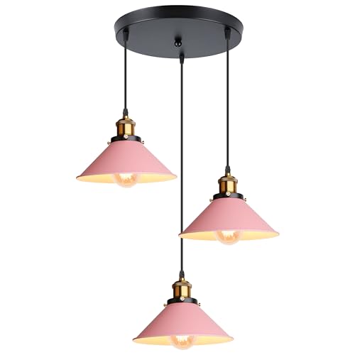 iDEGU Retro 3-flammige Pendelleuchte, Industrial Hängelampe E27 Deckenleuchte Metall Lampenschirm 22cm Design Edison Vintage Lampe Hängeleuchte für Küche Esszimmer Schlafzimmer Flur (Rosa) von iDEGU