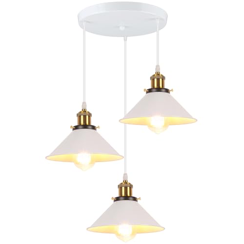 iDEGU Retro 3-flammige Pendelleuchte, Industrial Hängelampe E27 Deckenleuchte Metall Lampenschirm 22cm Design Edison Vintage Lampe Hängeleuchte für Küche Esszimmer Schlafzimmer Flur (Weiß) von iDEGU