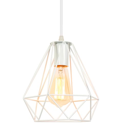 iDEGU Retro Hängelampe Vintage Lampe im Industrie Design Käfigform Lampenschirm aus Metall E27 Pendelleuchte Weiß Hängeleuchte für Esszimmer Küche Schlafzimmer Wohnzimmer Bar (20cm) von iDEGU