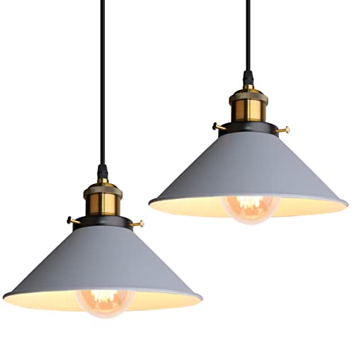 iDEGU Retro Pendelleuchte, 22CM Vintage Hängelampe E27 Industrieller Lampenschirm aus Metall Deckenleuchte Hängeleuchte für Esszimmer Wohnzimmer Küche Schlafzimmer Restaurant (2 Stücke, Grau) von iDEGU