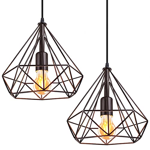iDEGU Retro Pendelleuchte 25CM Industrie Hängelampe Vintage Deckenleuchter Rautenförmig Lampenschirm Käfig Design Vintage Lampe für Wohnzimmer Schlafzimmer Küche (2 Stücke, Schwarz) von iDEGU