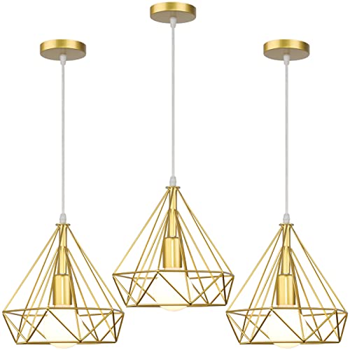 iDEGU Retro Pendelleuchte 25CM Industrie Hängelampe Vintage Deckenleuchter Rautenförmig Lampenschirm Käfig Design Vintage Lampe für Wohnzimmer Schlafzimmer Küche (3 Stücke, Gold) von iDEGU