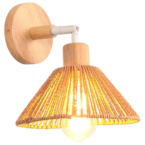 iDEGU Retro Wandleuchte Innen, 22cm Retro Wandlampe aus Holz Lampenschirm aus Rattan Bohème-Stil Verstellbare Deckenlampe Moderne Wandspots für Schlafzimmer Wohnzimmer Flur Küche Restaurant (Braun) von iDEGU
