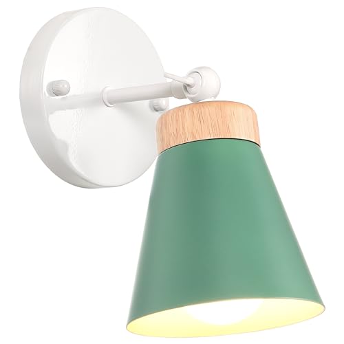 iDEGU Retro Wandleuchte aus Holz Metall Lampenschirm 180° Drehbare Wandspot Modern Deckenleuchte LED Wandlampe Innen für Wohnzimmer Schlafzimmer Flur Küche (Grün) von iDEGU