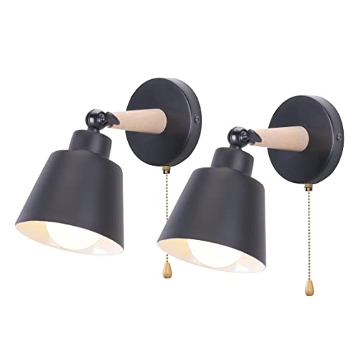 iDEGU 2er Set Wandleuchten Innen Retro Wandlampe aus Holz und Metall mit Schalter Verstellbar Wandspot LED E27 Moderne Wandleuchte für Schlafzimmer Flur Eingang Wohnzimmer (Schwarz) von iDEGU