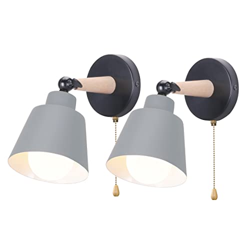 iDEGU 2er Set Wandleuchten Innen Retro Wandlampe aus Holz und Metall mit Schalter Verstellbar Wandspot Moderne Wandleuchte für Schlafzimmer Flur Eingang Wohnzimmer (Matt Grau) von iDEGU