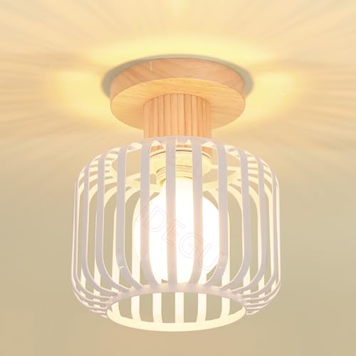 iDEGU Vintage Deckenleuchte 18cm Retro Deckenlampe aus Holz und Metall Industrie Lampe Käfig Design Lampenschirm E27 Pendelleuchte Moderne Kronleuchter für Flur Schlafzimmer Wohnzimmer Küche (Weiß) von iDEGU