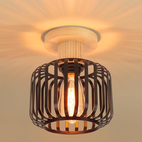 iDEGU Vintage Deckenleuchte 18cm Retro Deckenlampe aus Holz und Metall Industrie Lampe Käfig Design Lampenschirm E27 Pendelleuchte Moderne Kronleuchter für Flur Schlafzimmer Wohnzimmer Küche (Schwarz) von iDEGU