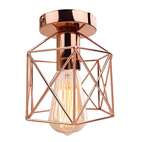 iDEGU Vintage Deckenleuchte Industrielle Deckenlampe Ø15 cm Geometrisches Käfig Design Lampenschirm Mini Deckenleuchte E27 Beleuchtung für Schlafzimmer Küche, Roségold von iDEGU