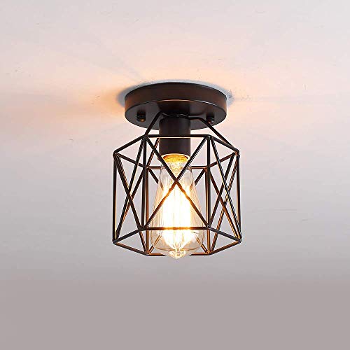 iDEGU Vintage Deckenleuchte Industrielle Deckenlampe Ø15 cm Geometrisches Käfig Design Lampenschirm Mini Deckenleuchte E27 Beleuchtung für Schlafzimmer Küche, Schwarz von iDEGU