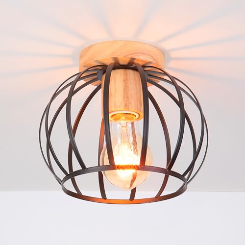 iDEGU Vintage Deckenleuchte Industrielle Deckenlampe Ø20 cm Geometrisches Käfig Design Lampenschirm aus Metall und Holz Retro Deckenleuchte E27 Kronleuchter für Schlafzimmer Küche Wohnzimmer, Schwarz von iDEGU