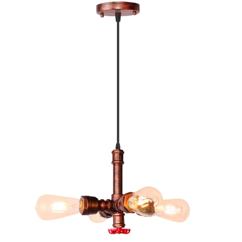 iDEGU Vintage Pendelleuchte, 4 Lichter Hängelampe Wasserrohr Design Industrie Lampe mit E27 Fassung Kronleuchter Retro Hängeleuchte für Esszimmer, Wohnzimmer, Cafe, Restaurant (Rot Rost) von iDEGU