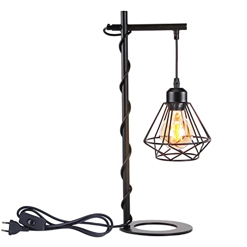 iDEGU Vintage Tischlampe, E27 industrielle Schreibtischlampe aus Metall Tischleuchte mit Verstellbare Hängelampe Nachttischlampe 16CM Lampenschirm Schwarz Bürolampe mit Stecker und Schalter von iDEGU