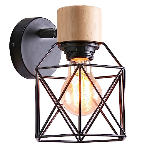 iDEGU Vintage Wandlampe 15CM Wandleuchte Industrial Design Geometrischem Käfig Lampenschirm Retro Lampe aus Holz Eisen Verstellbare Deckenleuchte Wandleuchte für Schlafzimmer Flur Küche(Typ-A Schwarz) von iDEGU