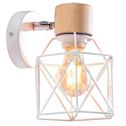 iDEGU Vintage Wandlampe 15CM Wandleuchte Industrial Design Geometrischem Käfig Lampenschirm Retro Lampe aus Holz Eisen Verstellbare Deckenleuchte Wandleuchte für Schlafzimmer Flur Küche (Typ-A Weiß) von iDEGU