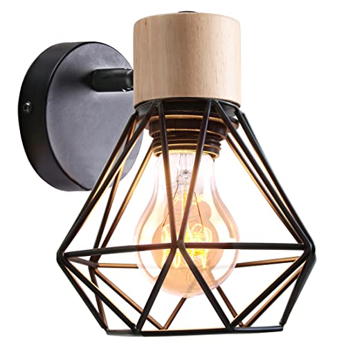 iDEGU Vintage Wandlampe 16CM Wandleuchte Industrial Design Geometrischem Käfig Lampenschirm Retro Lampe aus Holz Eisen Verstellbare Deckenleuchte Wandleuchte für Flur Wohnzimmer Küche(Typ-B Schwarz) von iDEGU